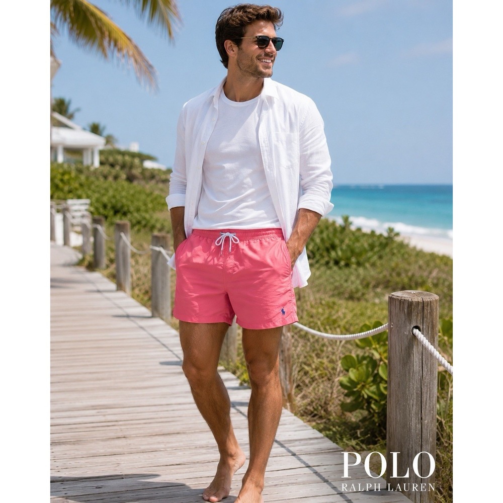 Polo Ralph Lauren Mens Swim Trunks Pink Coral Drawstring L Mesh Lined Beach Pony
